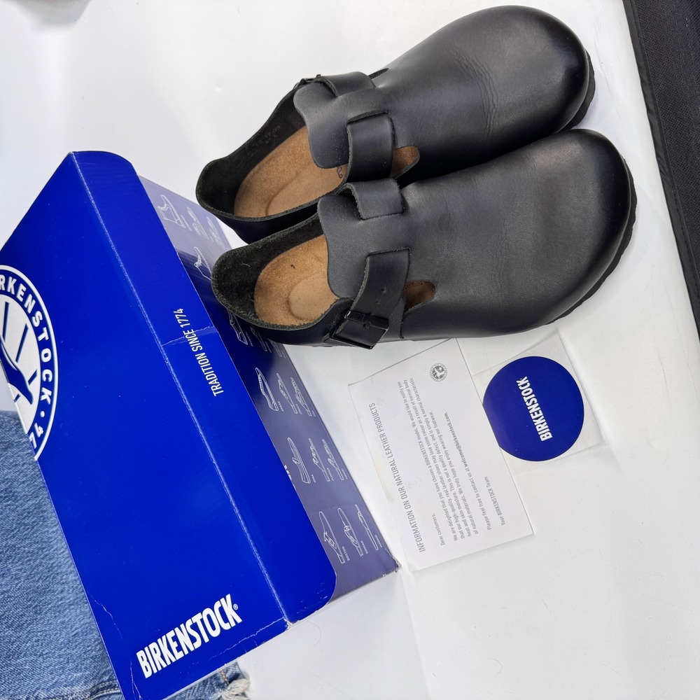Birkenstock London Shoes Womens 37 US 6-6.5 Black Leather Clog Comfort Footbed - Picture 9 of 9